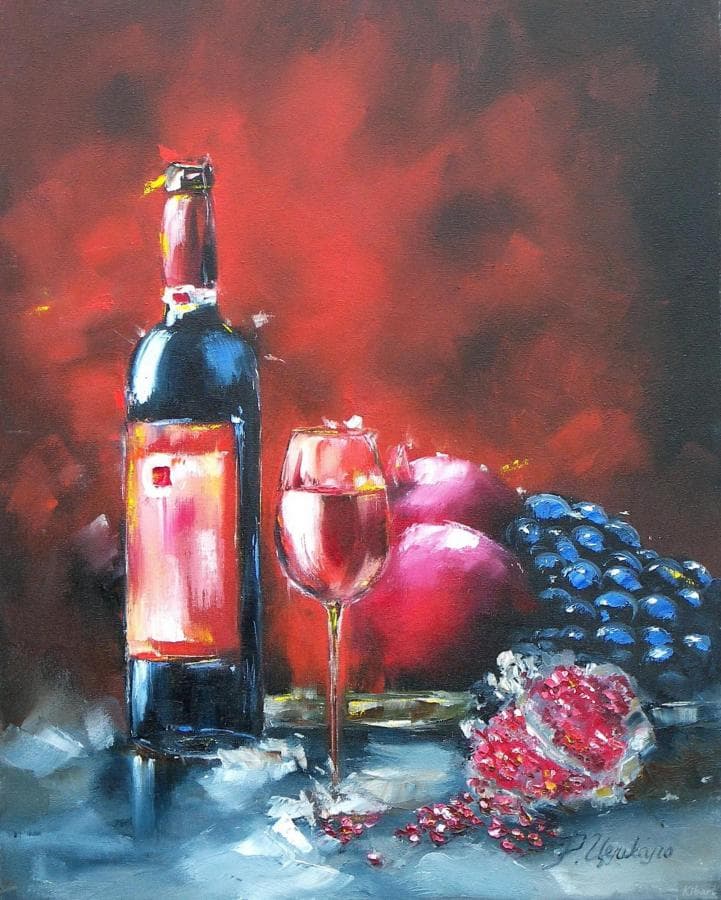 Натюрморт с бутылкой вина и виноградом