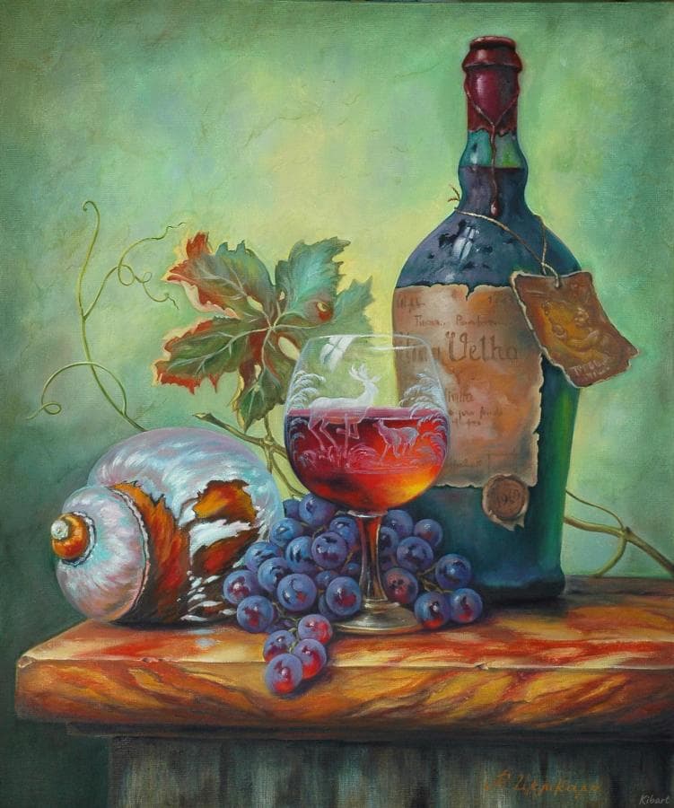 Натюрморт с бутылкой вина и раковиной