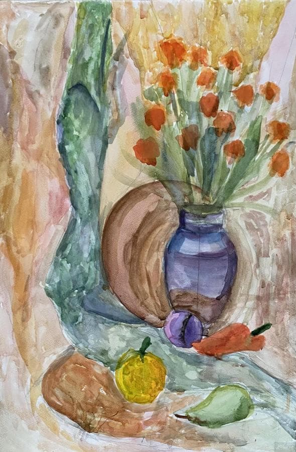 Живопись вазы с цветами и предметов