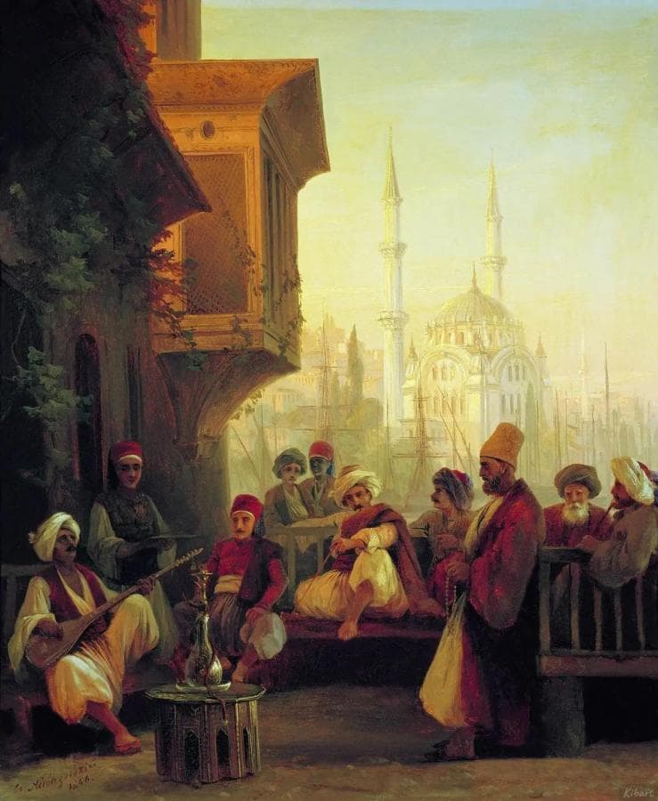 Восточная сцена. Кофейня у мечети Ортакей в Константинополе