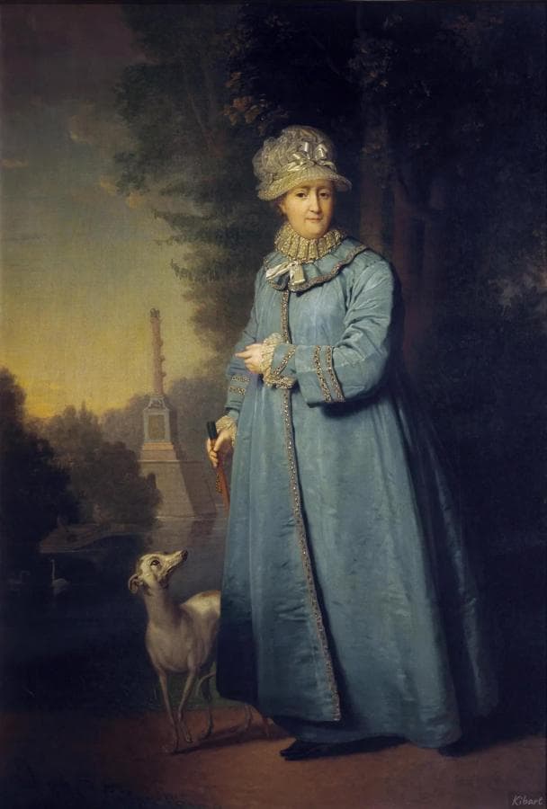 Екатерина II на прогулке в Царскосельском парке на прогулке с собачкой на фоне Чесменской колонны