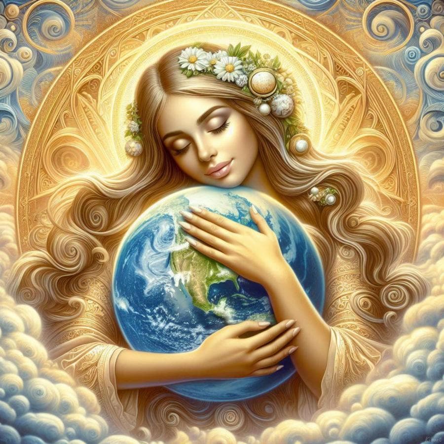 Девушка-Богиня обнимает планету Земля