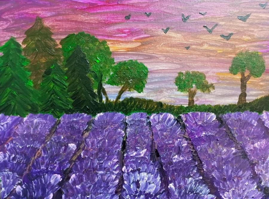 Bright, acrylic, impressive landscape of the lavender field